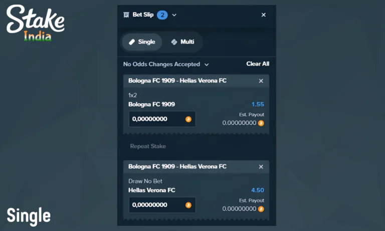 A single bet is placed on a single sporting event available in Stake